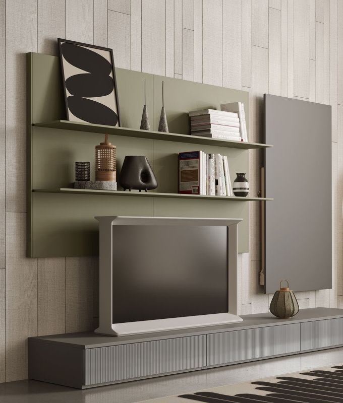 Mobile TV a terra grigio con boiserie con mensole verde salvia e tavolo a parete chiuso