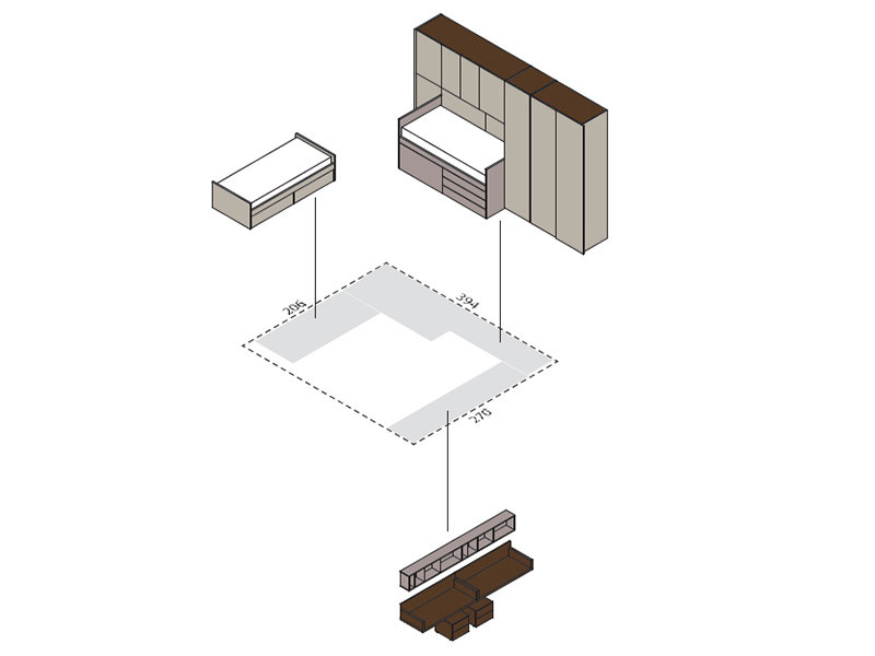 Schema con le dimensioni di una cameretta a ponte, composizione d'esempio