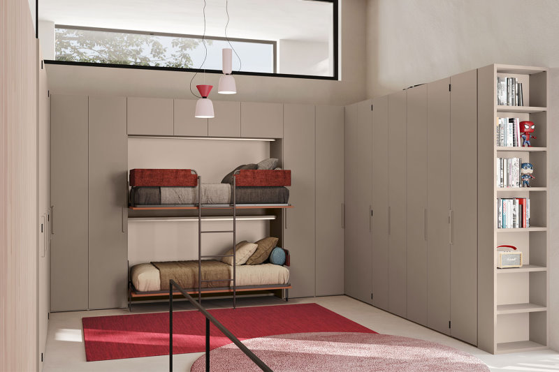 Render di un loft dal soffitto alto con guardaroba su tre pareti, letto a castello da parete aperto