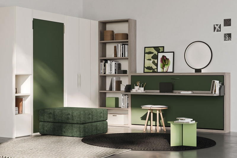 Ambiente arredato con due letti a scompasa chiusi di colore verde scuro, un armadio e una libreria singola a parete