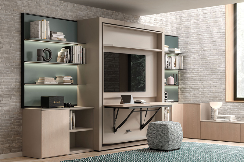 Mobile con scrivania a scomparsa e letto con frontale porta TV