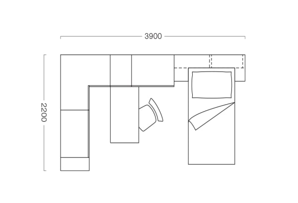 Plan of a corner bedroom set for a girl