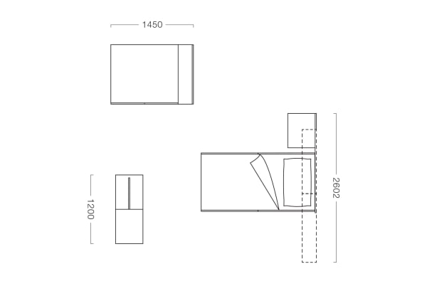 Plan of a girl's bedroom with wardrobe, bed, chest of drawers