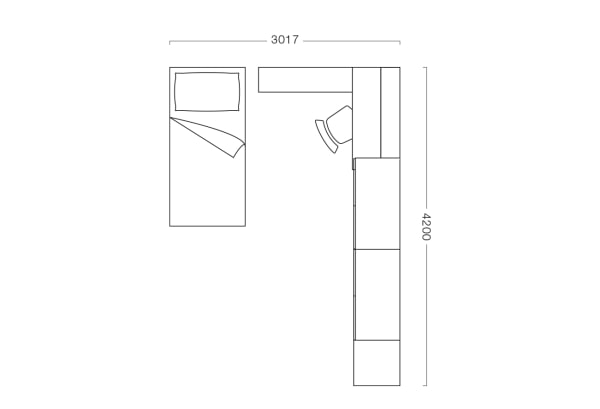 Plan for a single bedroom with large wardrobe and study area