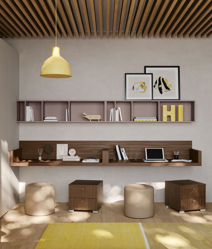 Angolo studio sospeso con doppia postazione in legno scuro e cassettiere abbinate