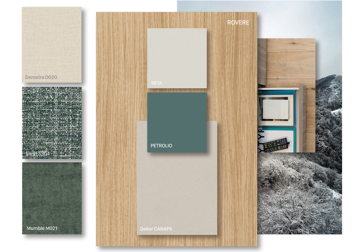 Nordic moodboard: oak, hemp dekor, silk, teal melamines and Demetra, Sarin and Mumble fabrics