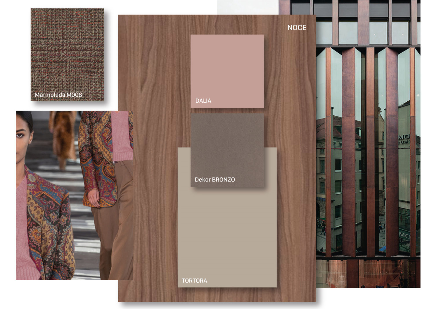 Urban Chic moodboard: walnut, bronze dekor, dahlia and dove grey melamines and Marmolada fabric