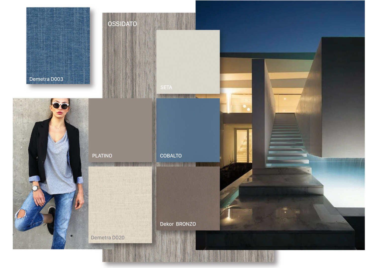 Modern moodboard: oxidised, bronze dekor, silk, platinum and cobalt melamines, Demetra fabric