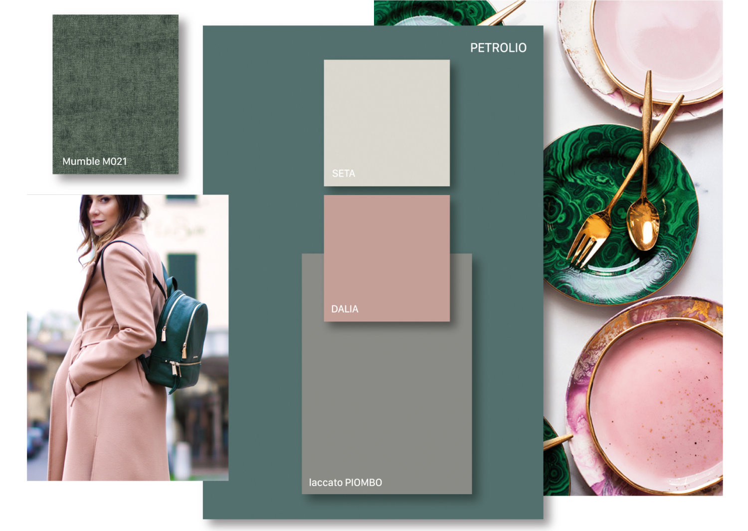 Moodboard Glamour: petrolio, seta, dalia, laccato piombo e tessuto Mumble