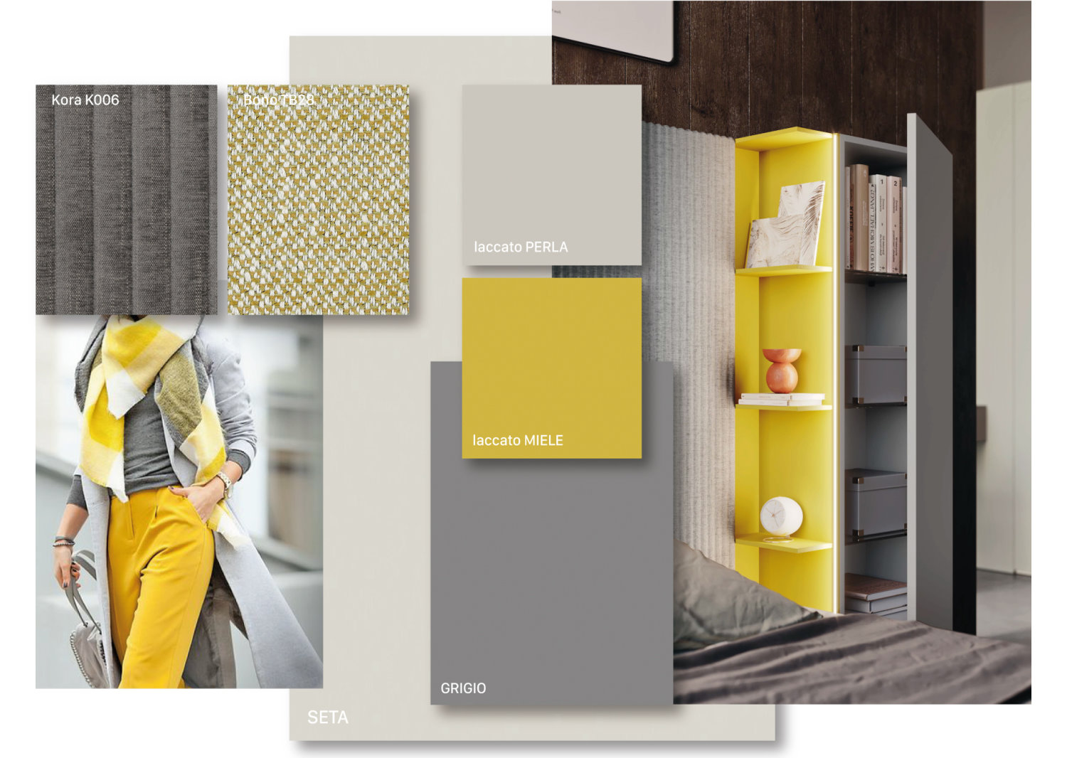 Smart moodboard: silk and grey melamines, pearl and honey lacquers, Kora and Bono fabrics