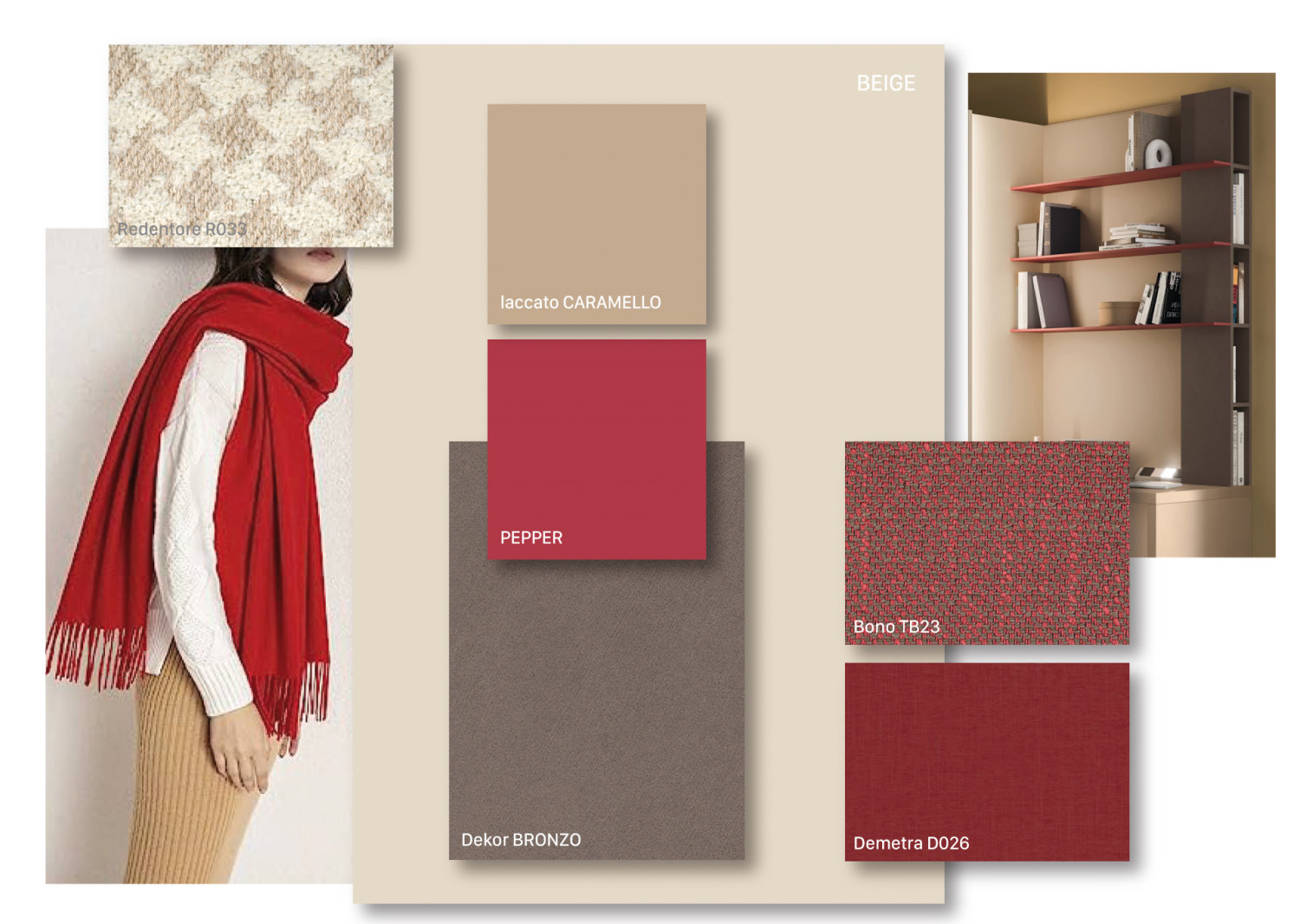 Moodboard Energica: beige, dekor bronzo, pepper, caramello e tessuti Redentore, Bono, Demetra