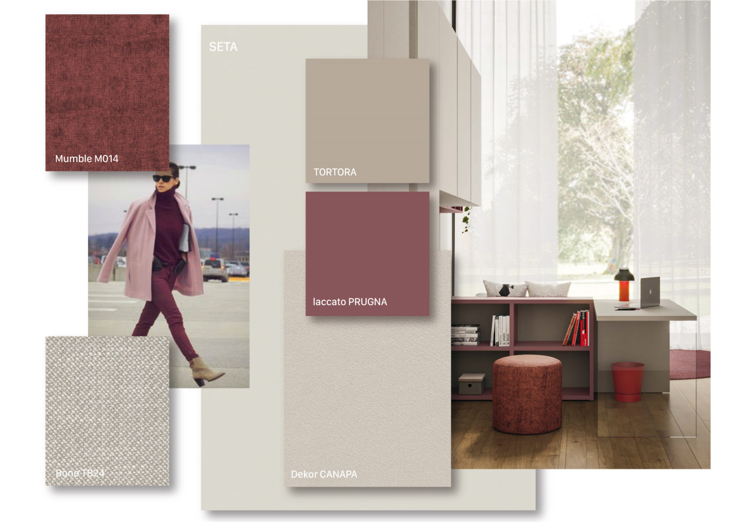 Moodboard Versatile: seta, tortora, dekor canapa, laccato prugna e tessuti Mumble e Bono