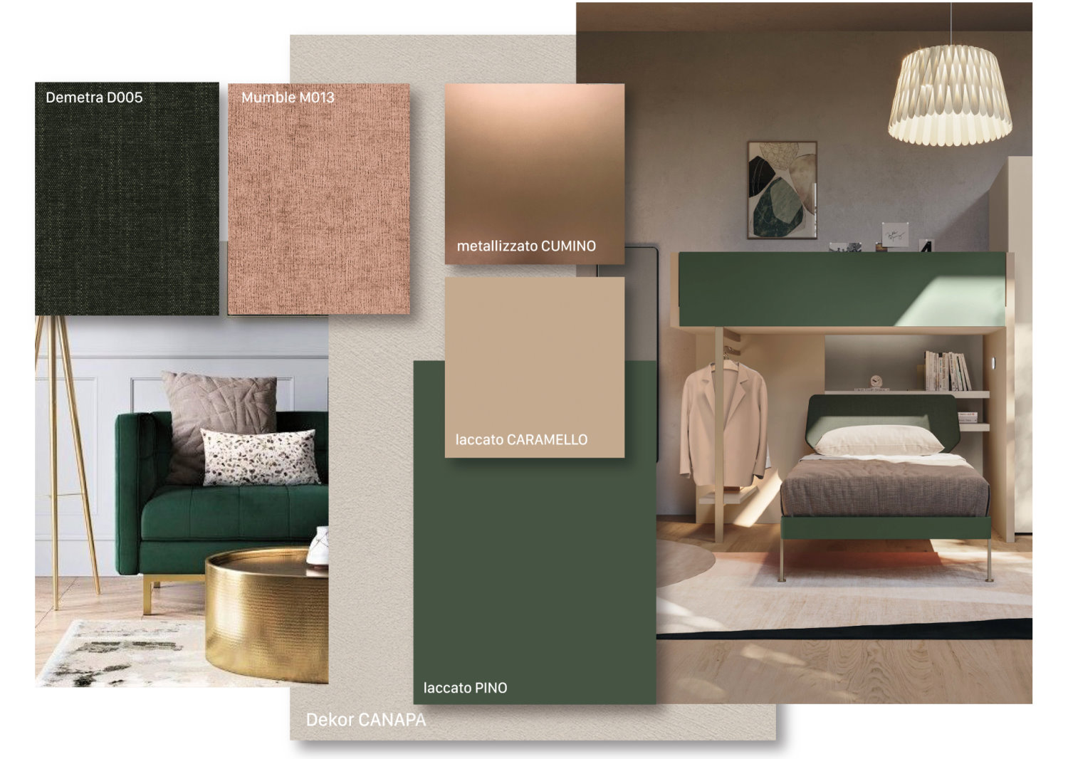 Posh moodboard: hemp dekor melamine, caramel and pine lacquers, metallic cumin, Demetra and Mumble fabrics