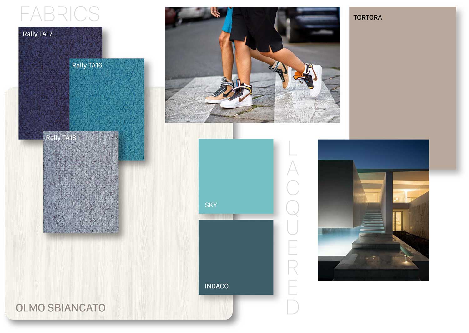 Moodboard Contemporanea: azzurro, blu, indaco, tortora, olmo sbiancato