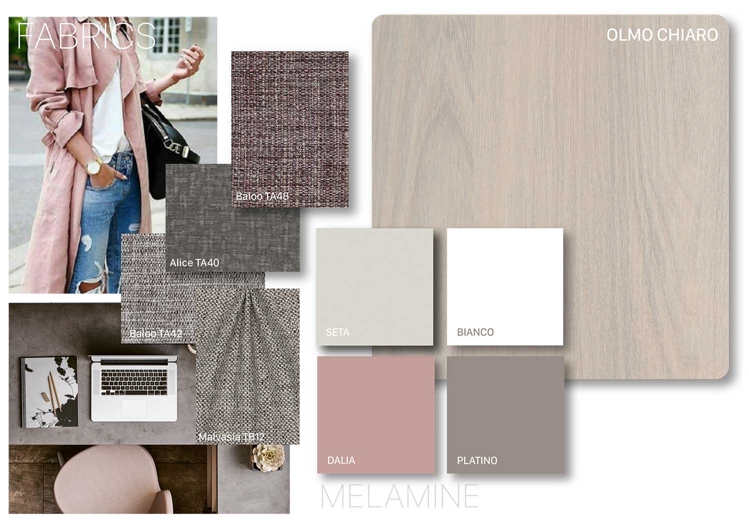 Moodboard Glamour: olmo chiaro, bianco, seta, dalia, platino