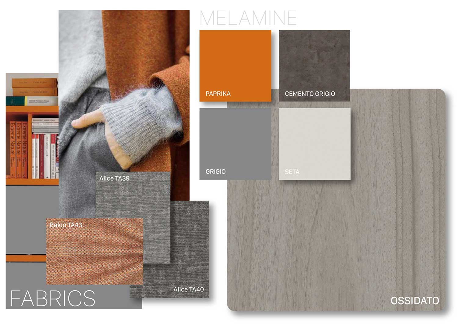 Moodboard Alternativa: ossidato, seta, grigio, arancione paprika