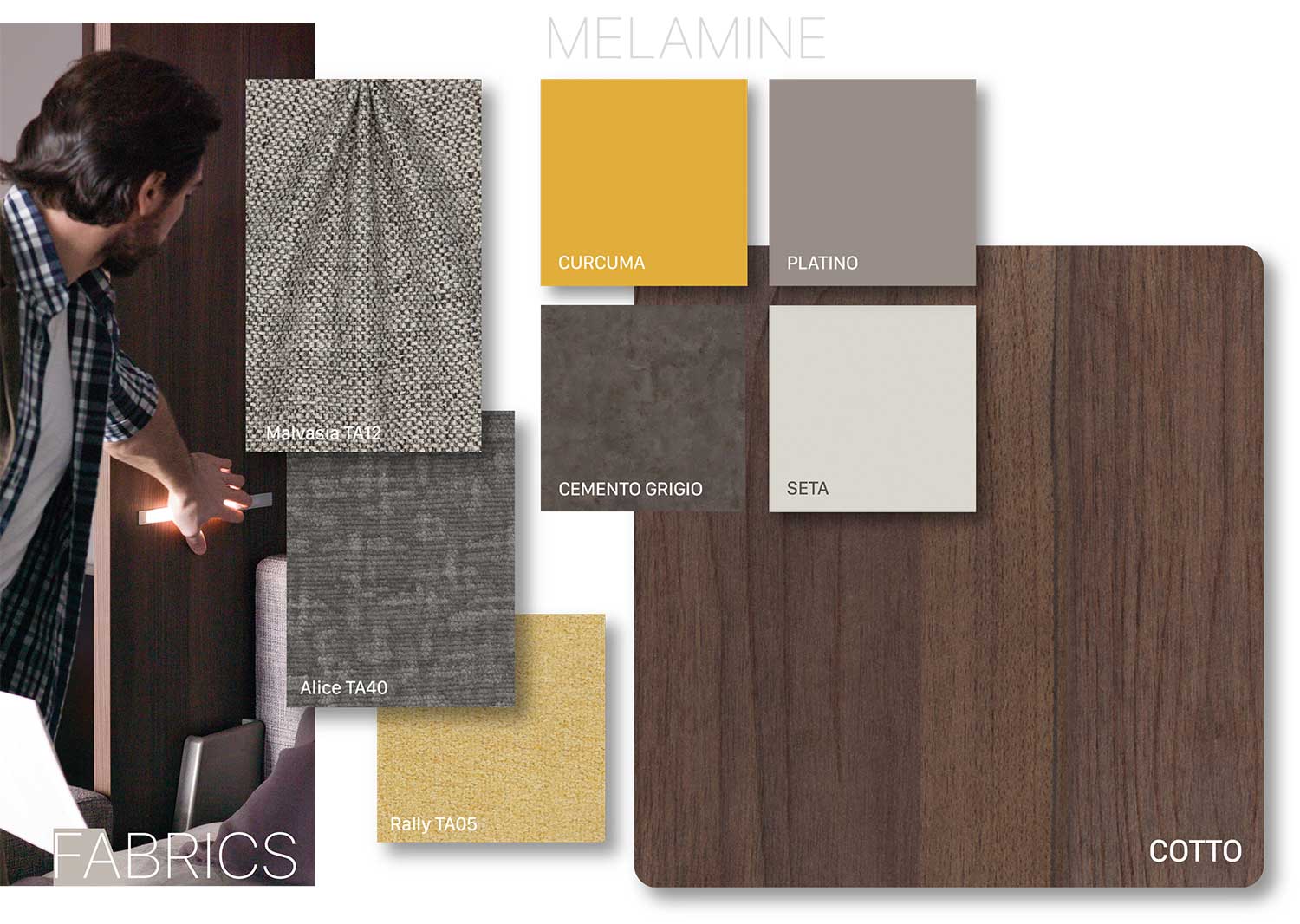 Moodboard Versatile: legno scuro, seta, platino, giallo curcuma, cemento