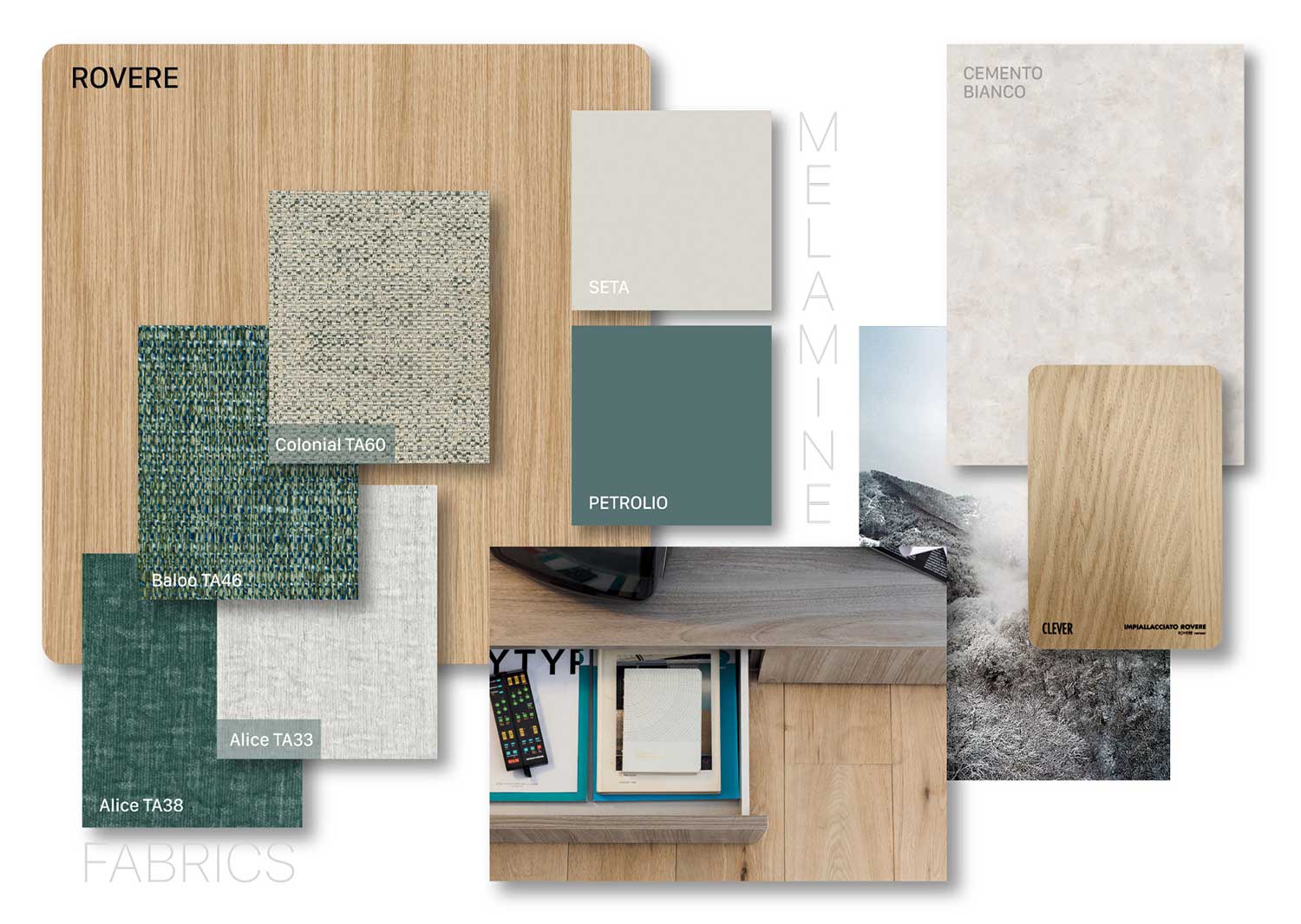 Moodboard Nordica: rovere, cemento, seta e verde petrolio