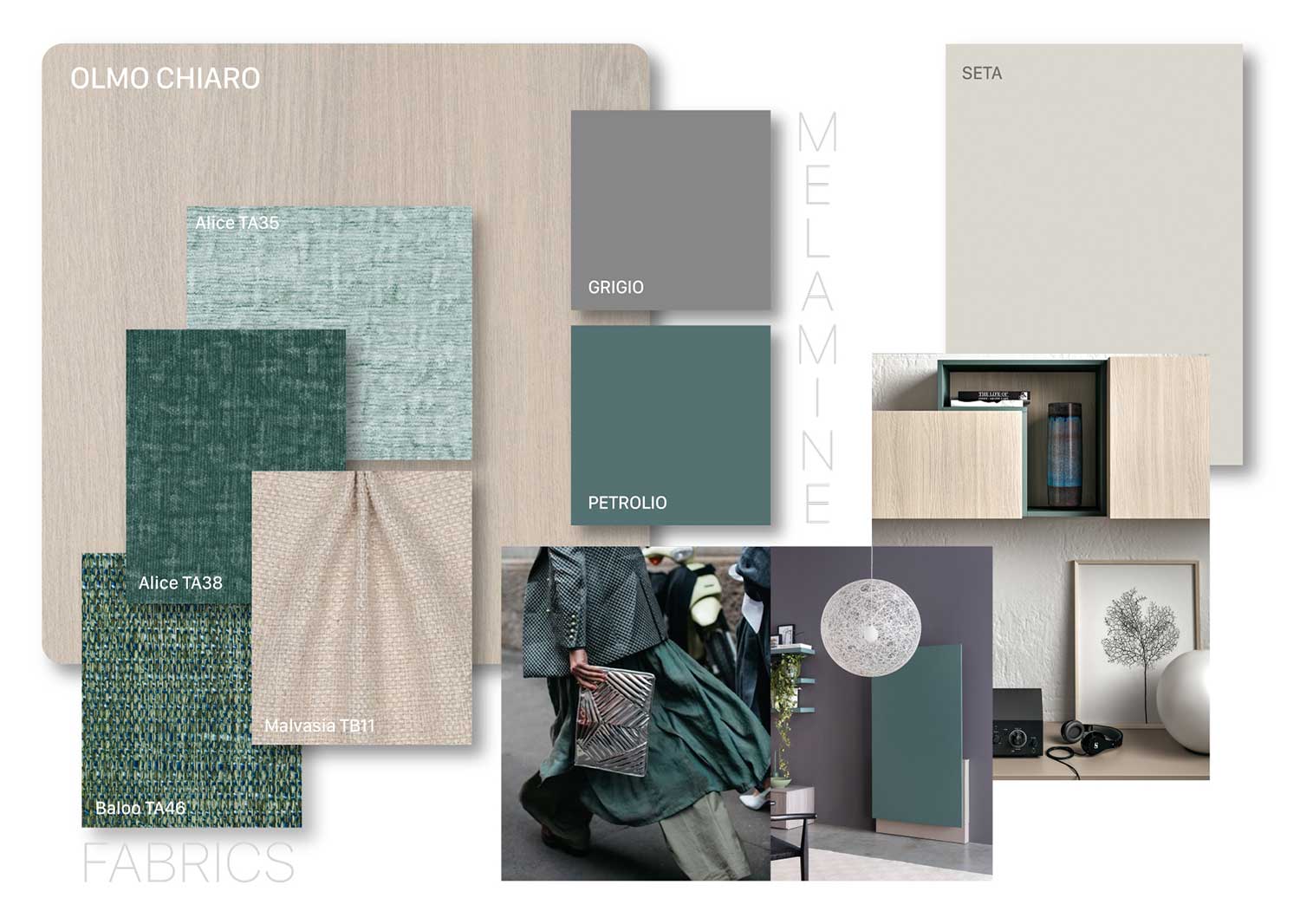 Moodboard Naturale: olmo, seta, grigio, verde petrolio