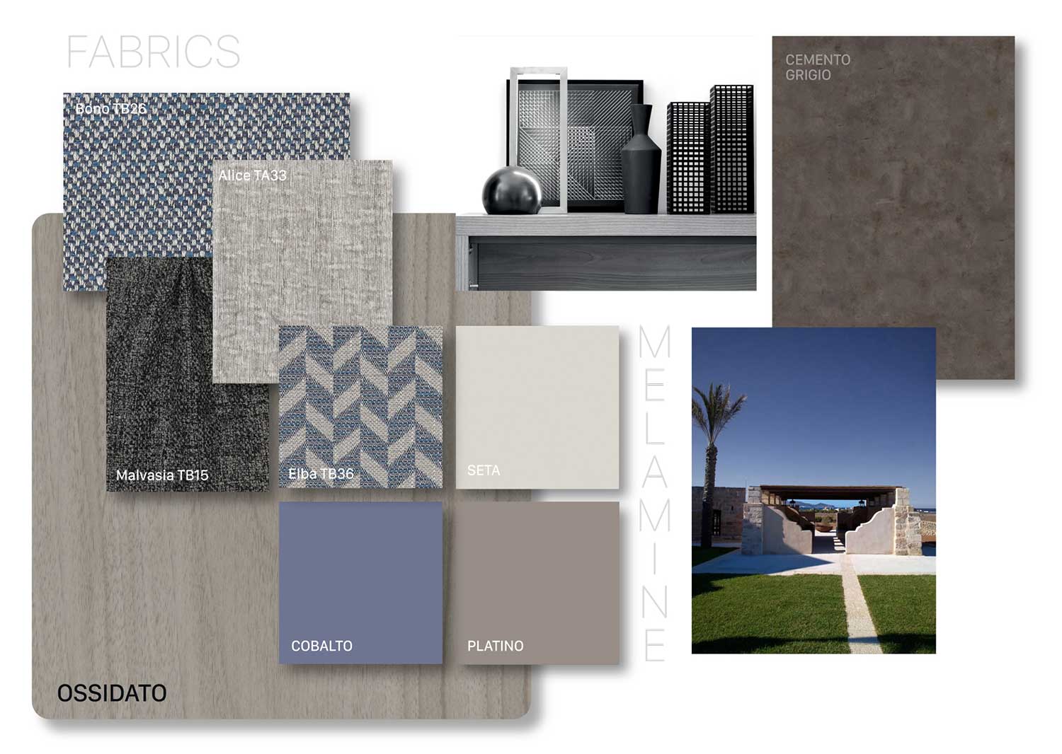 Moodboard Moderna: grigio ossidato, cemento, seta, platino, cobalto