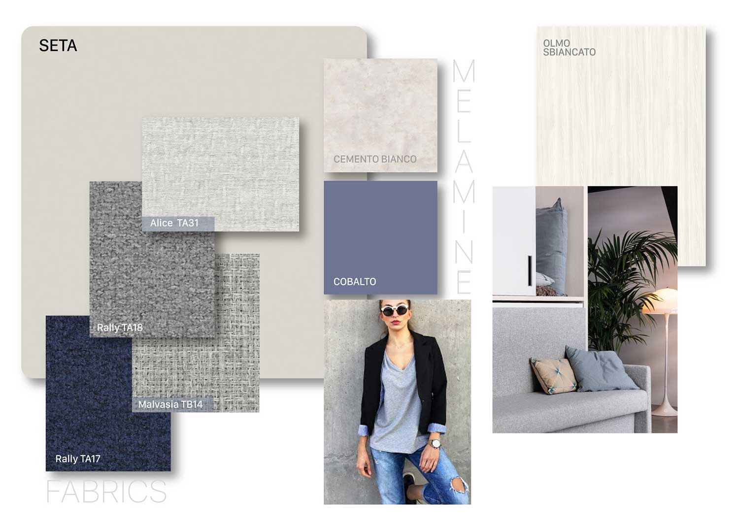 Moodboard Metropolitana: olmo sbiancato, seta, cemento bianco, cobalto