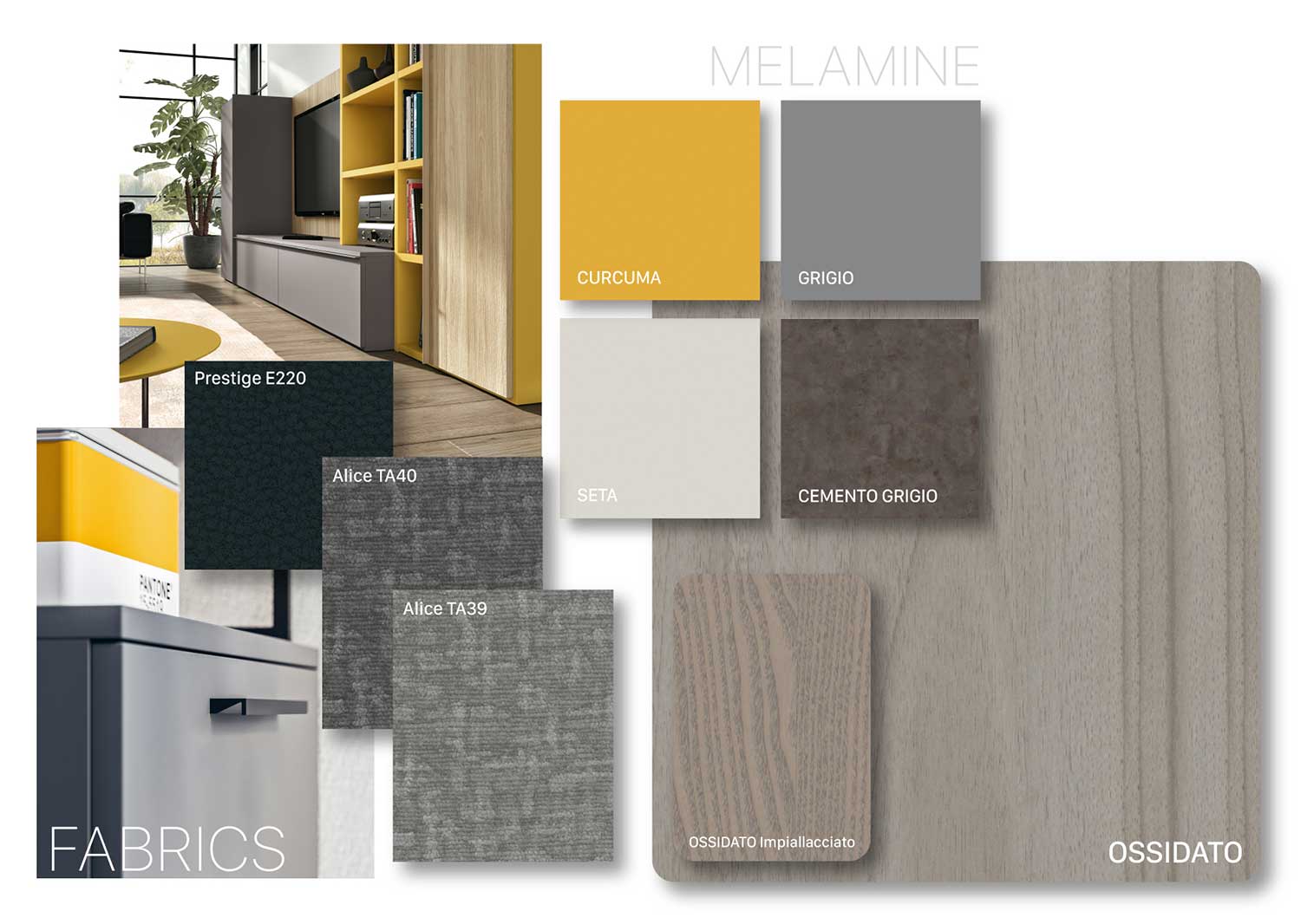Moodboard Inaspettata: ossidato, seta, giallo curcuma, cemento grigio