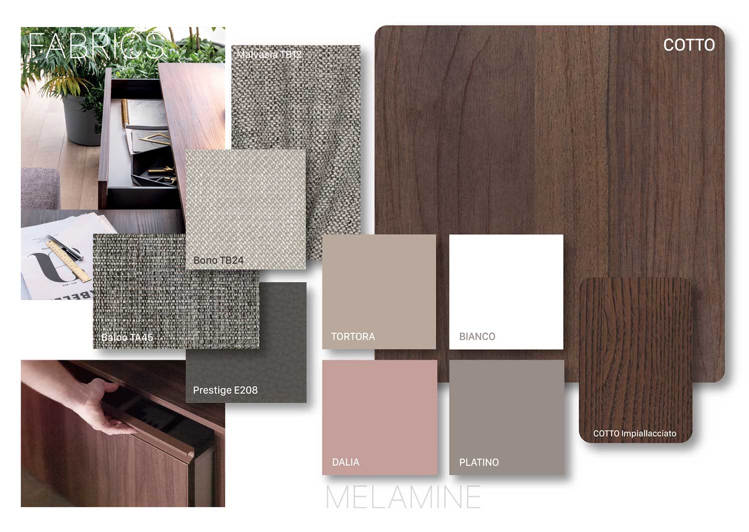 Moodboard Femminile: legno scuro, tortora, platico, bianco, rosa