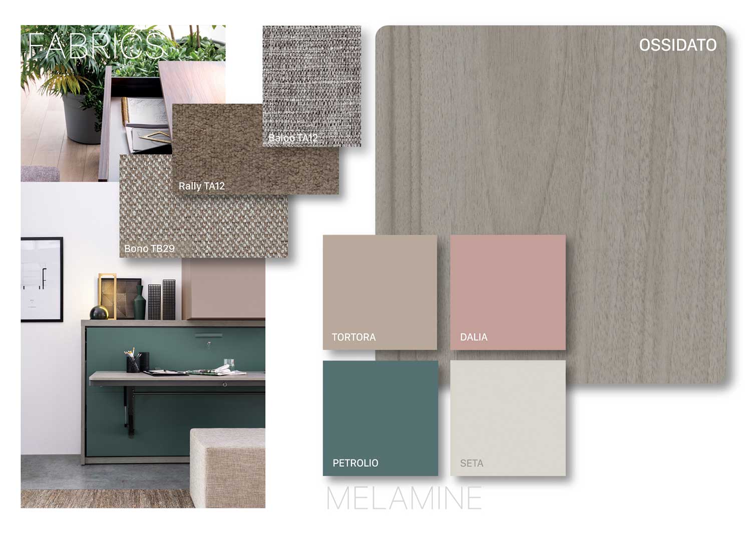 Moodboard Delicata: ossidato, seta, tortora, rosa dalia, verde petrolio