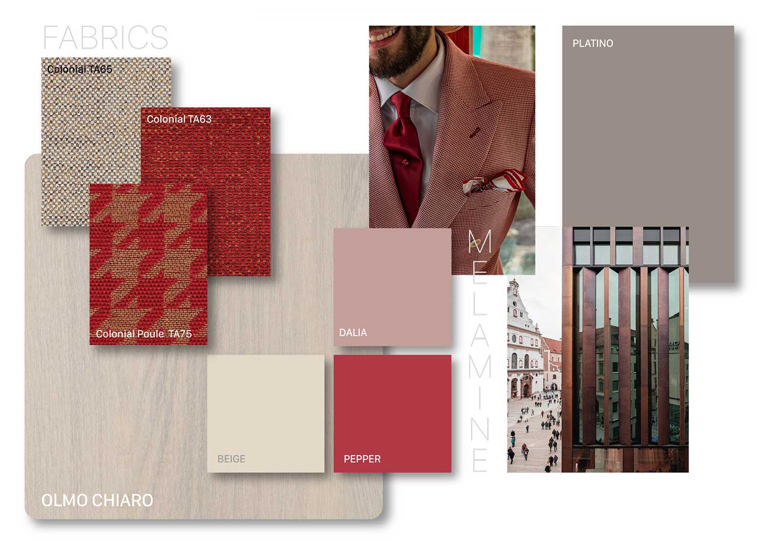 Moodboard Dandy: olmo chiaro, platino, beige, rosso, rosa dalia